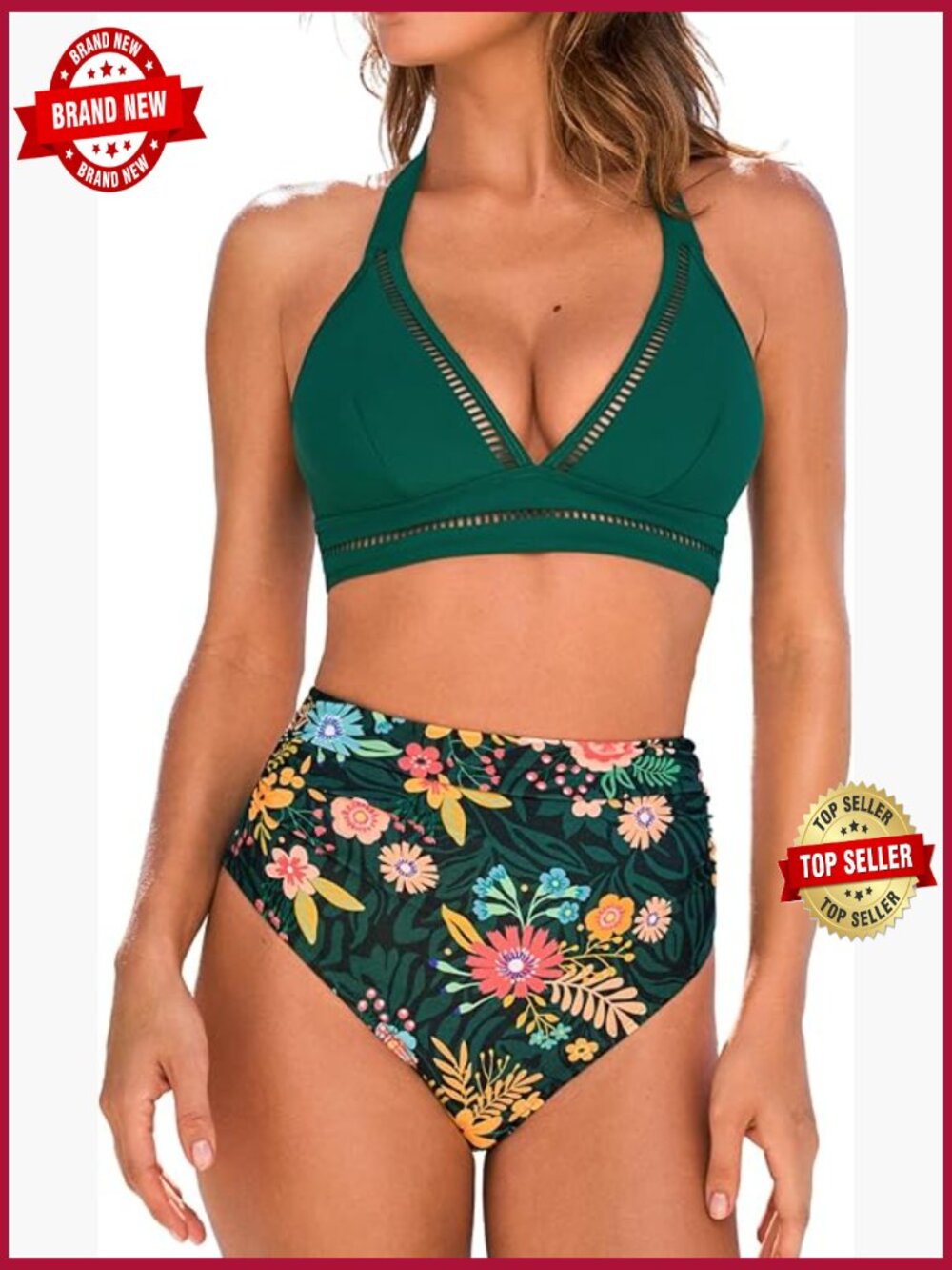 High Waisted Bikini Set V Neck Cutout Halter Tie Swimsuit